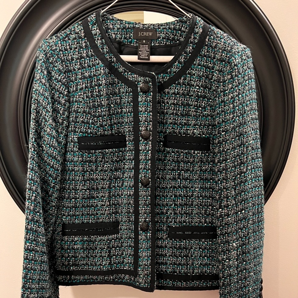 J Crew, never worn, tweed blue and black jacket; size 8; crested antique buttons